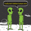 Two green aliens are standing next to each other.
