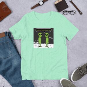 A light green shirt with an alien design