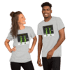 A man and woman wearing t-shirts with the image of a pair of scissors.
