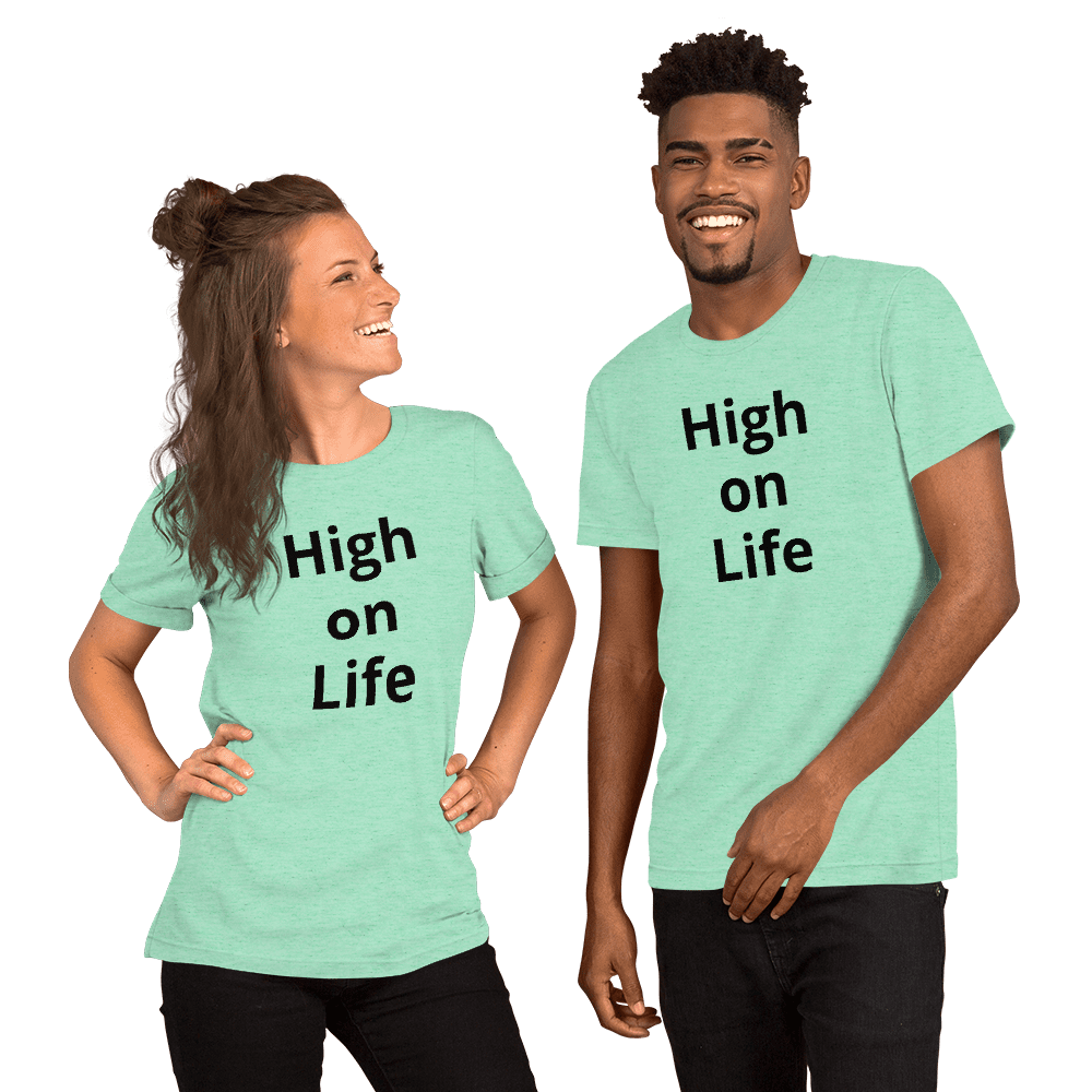 A man and woman wearing a light green high on life shirt