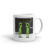 A mug with two green aliens on it.