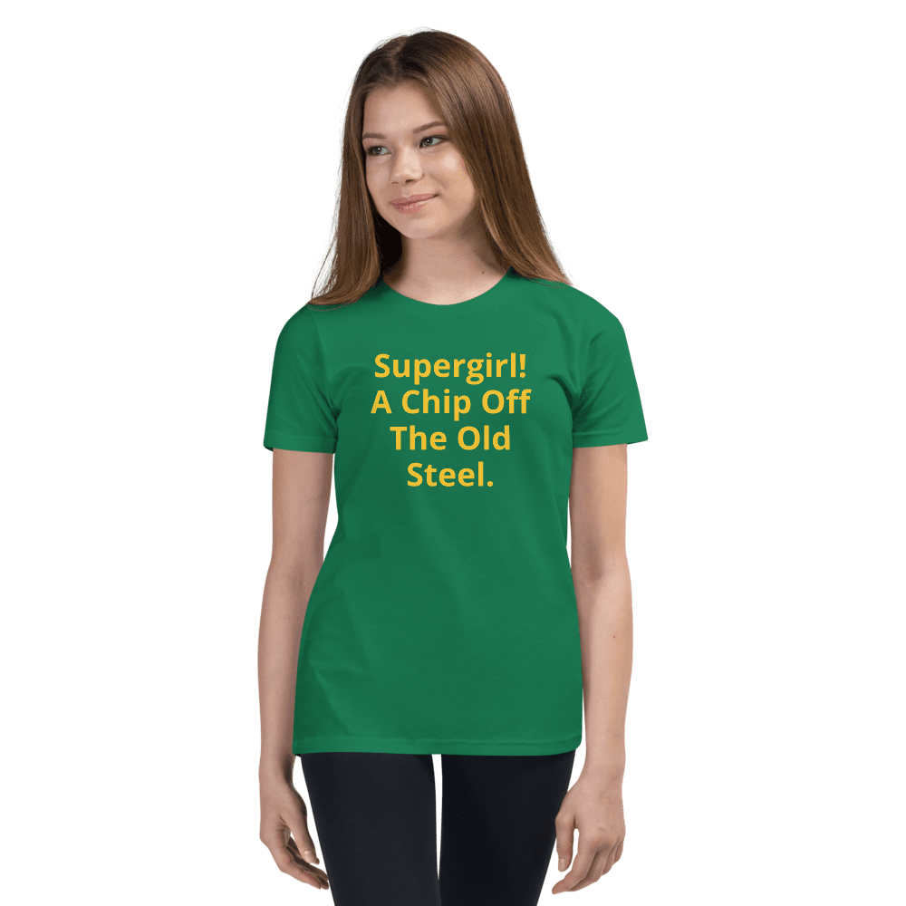A girl wearing a green Supergirl! A chip off the old steel