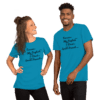 A man and woman wearing blue shirts with black lettering.