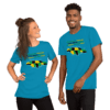 A man and woman wearing matching shirts