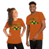 A man and woman wearing matching shirts