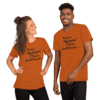A man and woman wearing orange shirts.