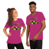 A man and woman wearing matching pink shirts