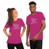A man and woman wearing pink shirts with words