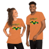 A man and woman wearing orange shirts with green and yellow squares.