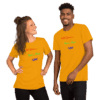 A man and woman wearing yellow shirts with the words " hello jamaica !" on them.