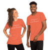 A man and woman wearing orange shirts.