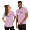 A man and woman wearing purple shirts with the words " are we friends or is he unpleasant ?" on them.