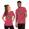 A man and woman wearing matching shirts