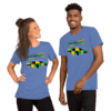 A man and woman wearing matching shirts