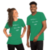 A man and woman wearing green shirts