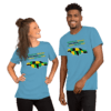 A man and woman wearing matching shirts