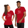 A man and woman wearing red shirts with words