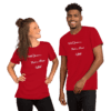 A man and woman wearing red shirts with the words " north america, middle east, africa " on them.