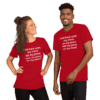 A man and woman wearing red shirts with white lettering.