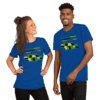 A man and woman wearing matching shirts