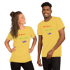 A man and woman wearing yellow shirts with the words " good times " written on them.