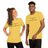A man and woman wearing yellow shirts.