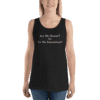 A woman wearing a tank top that says " are we human ? or do we somewhere ?"