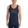 A man wearing a tank top with the words " are we humans ? or are we amateurs ?" written on it.