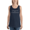 A woman wearing a tank top with the words " are we human ? or is my surroundings ?" written on it.