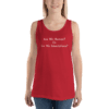 A woman wearing red tank top with white text.