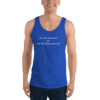 A man wearing a tank top with the words " are we human ? or is he smart ?" on it.
