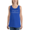 A woman wearing a tank top with the words " are we human ? or are we somewhere ?" on it.