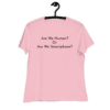 A pink shirt with the words are we human or are we smartphone