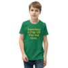 A boy wearing a green shirt with the words " superboy ! a chip off the old steel ".