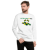 A man wearing a white sweatshirt with a picture of a parrot.