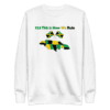 A white sweatshirt with a picture of a jamaican flag.