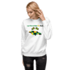 A woman wearing a white sweatshirt with a picture of a bird.