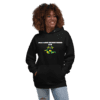 A woman wearing a black hoodie with a picture of a tree.