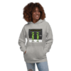 A woman wearing a hoodie with an image of two people.