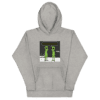 A gray hoodie with two green people standing next to each other.