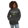 A woman wearing a black hoodie with a picture of a person.