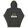 A dark grey hoodie with two green frogs