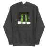 A dark gray hoodie with two green aliens.