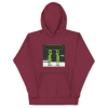 A red hoodie with two green frogs on it