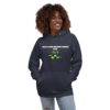 A woman wearing a hoodie with a picture of a turtle.