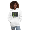 A woman wearing a white hoodie with green artwork.