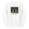 A white hoodie with two green aliens on it.