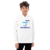 A young boy wearing a white hoodie with the words " there looking at total awesomeness ".