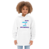 A young girl wearing a white hoodie with the words " there looking at total awesomeness ".