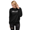 A woman in black sweatshirt with the word blessed written on it.
